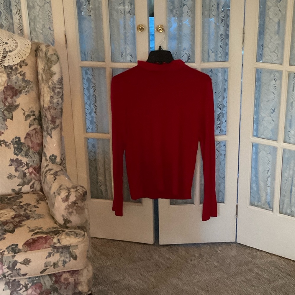 RED MOCK-NECK LONGSLEEVE SILK TOP BY REVAMPED- SIZE XL